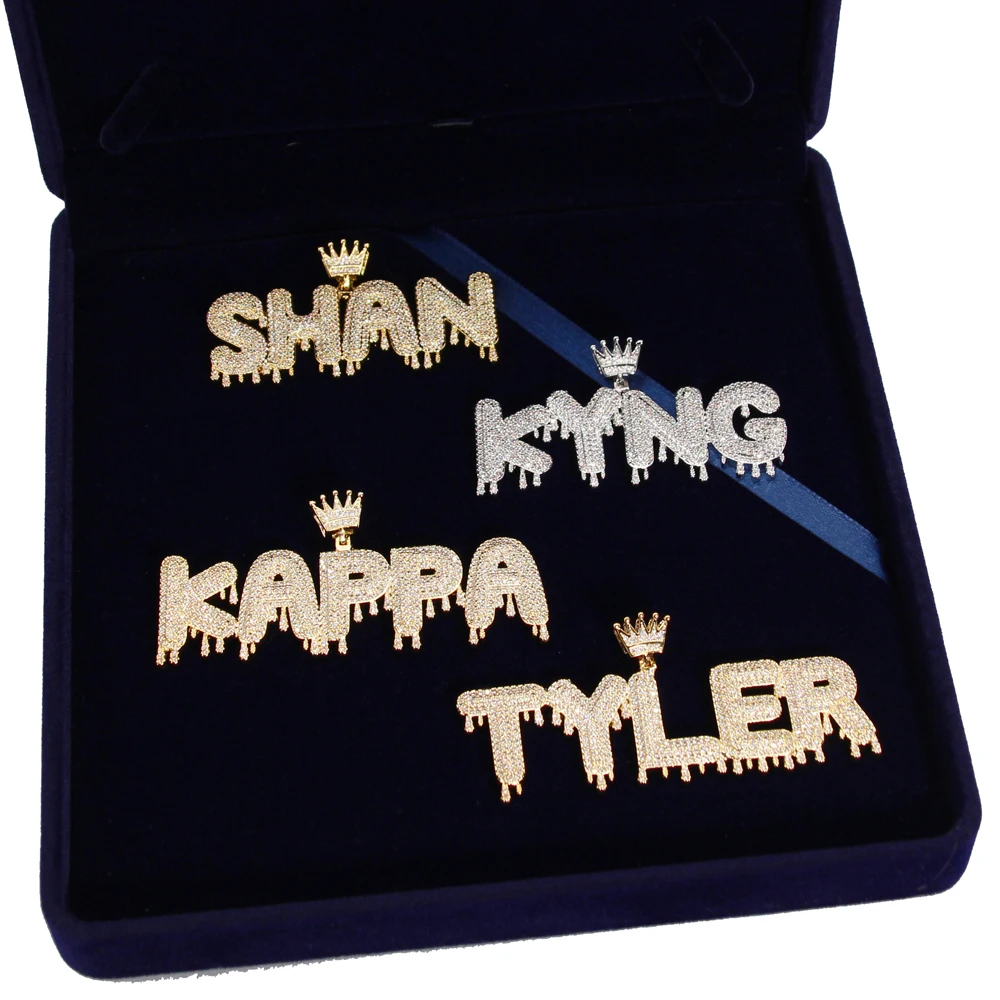 CUSTOM Crown Bail Drip Bubble Letters Pendant Necklaces Personalized Nameplate Necklace Gifts for Him Bling Hip Hop Jewelry