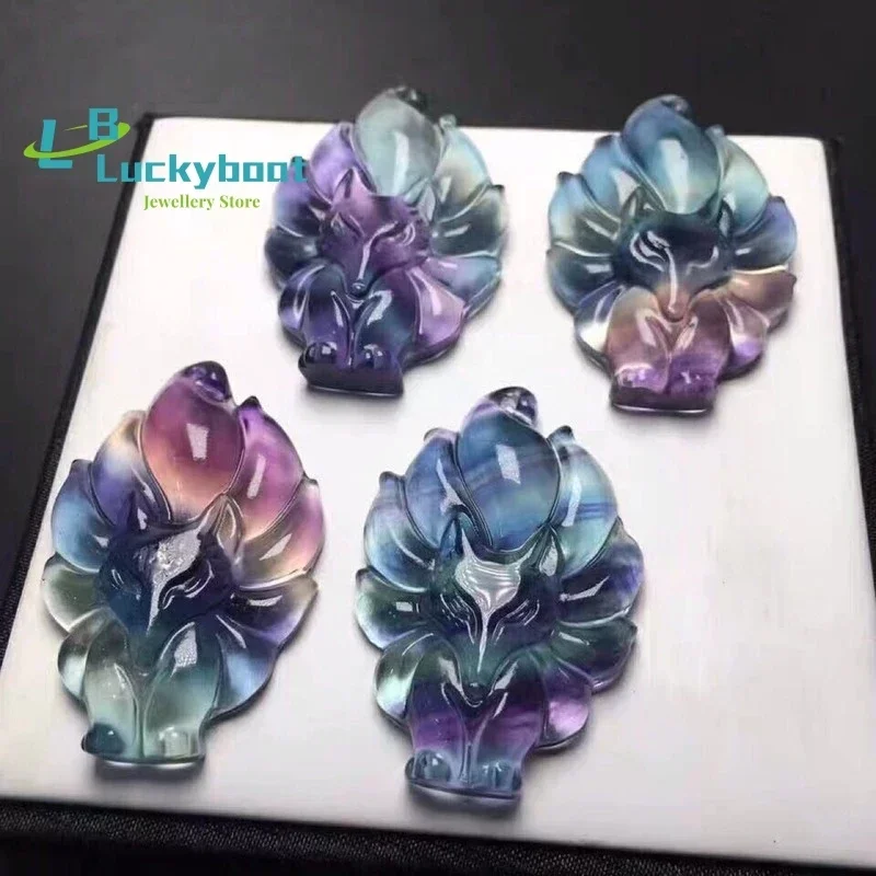 Natural Rainbow Fluorite Hand Carved Nine Tail Fox Jade Pendant Fashion Boutique Jewelry Men and Women Fox Necklace Gift