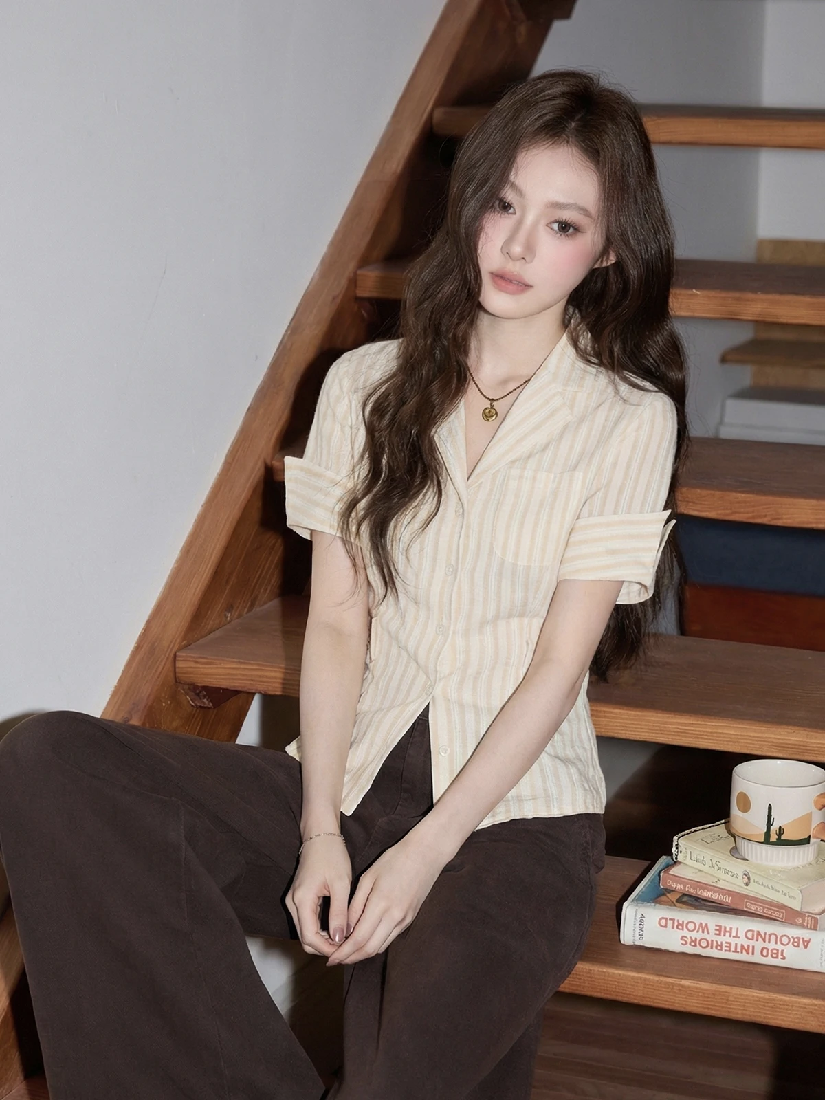 

Женский топ Slim Fit с отложным воротником и завязками на талии, желтый в полоску, ранняя весна, корейский стиль