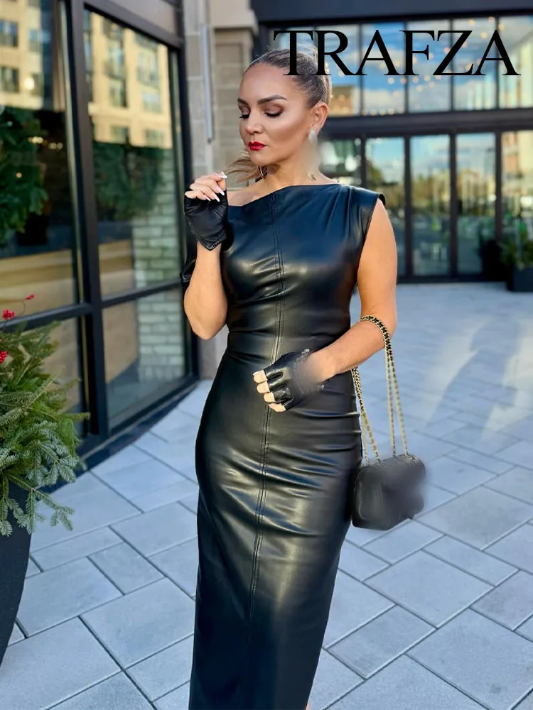 TRAFZA Women Elegant Black Sleeveless Back Zipper Midi Dress Woman Summer Asymmetrical Slit Hem Folds Decorate Slim Party Dress