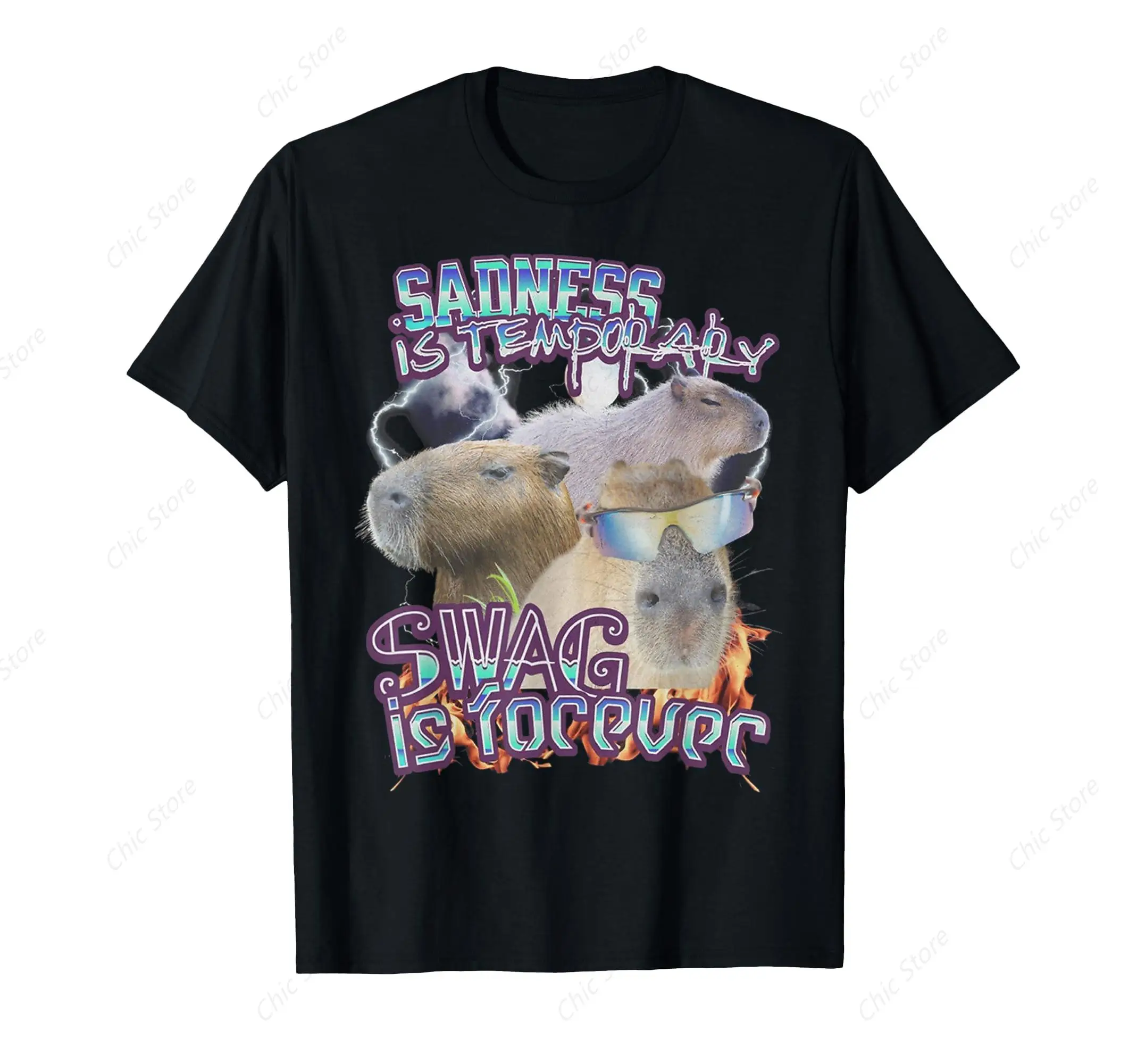 Funny Meme T-Shirt Cotton Sad Is Temporary Swag is Forever Vintage Retro 90s Capybara TShirt Mens Clothing for Daily GYM Tee Top