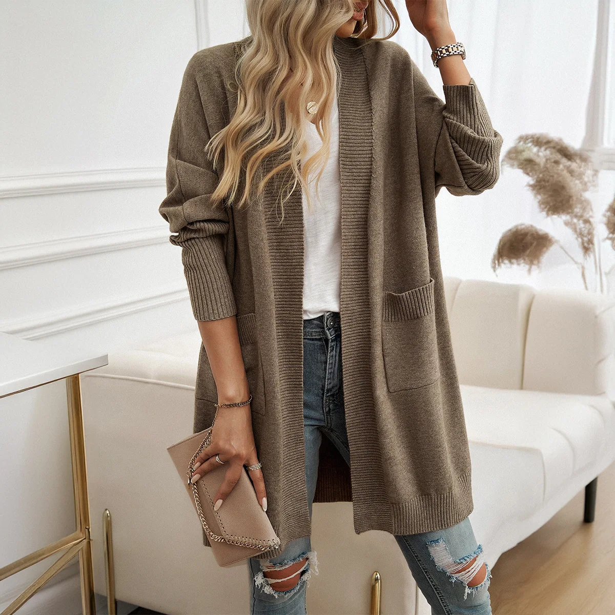 Women's Coat Bat Sleeve Temperament Cardigan Solid Color Pocket Sweater Jacket 2024 Autumn/winter