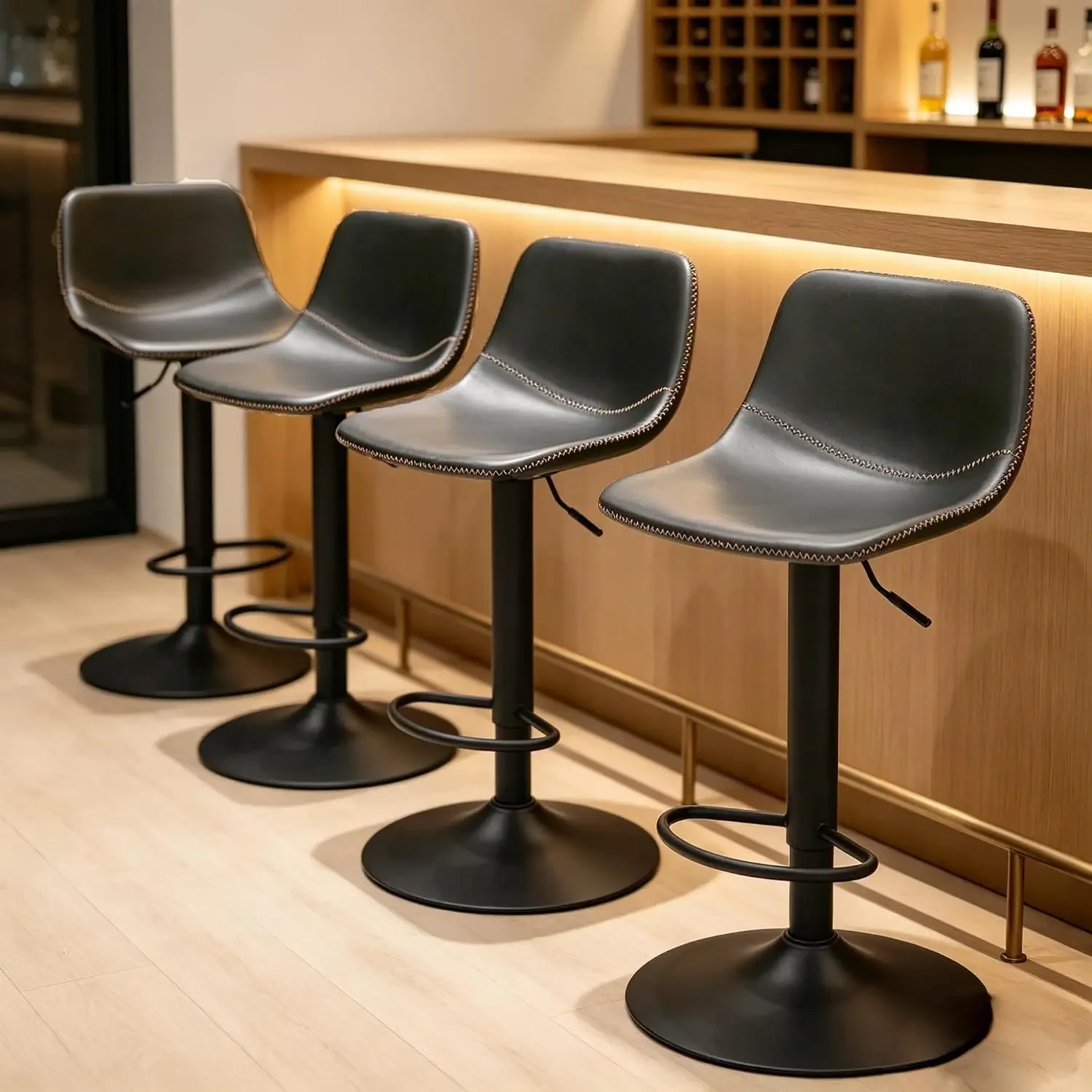 Bar Stools Set of 4 Swivel Bar Chairs Adjustable Counter Height Stool | Mid-century Modern Faux Leather 24-36“ Height Stitching