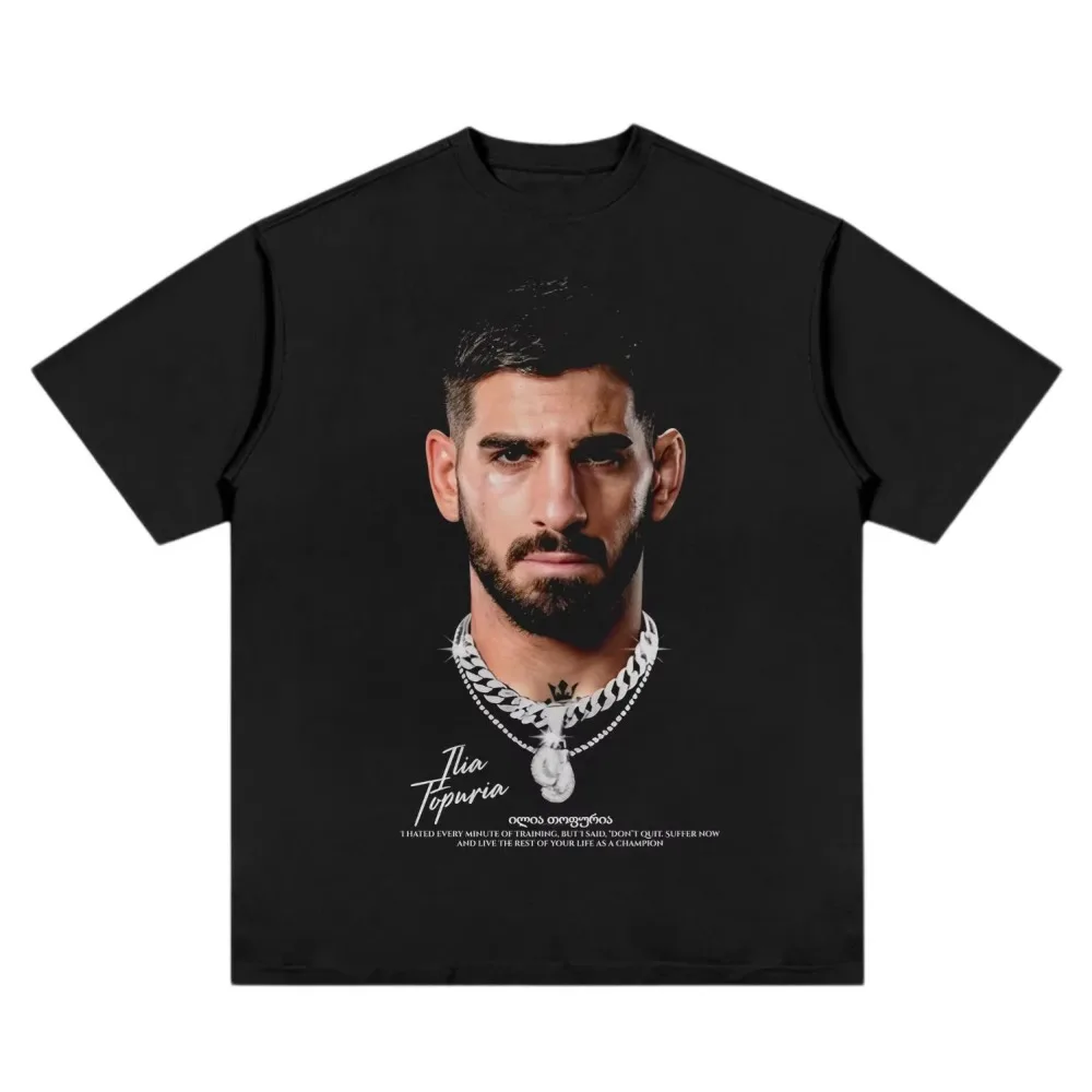 2026 New Trendy Unisex Graphic T-Shirt, Ilia Topuria UFC Champion Vintage Portrait with Motivational Quote Print Streetwear Tee