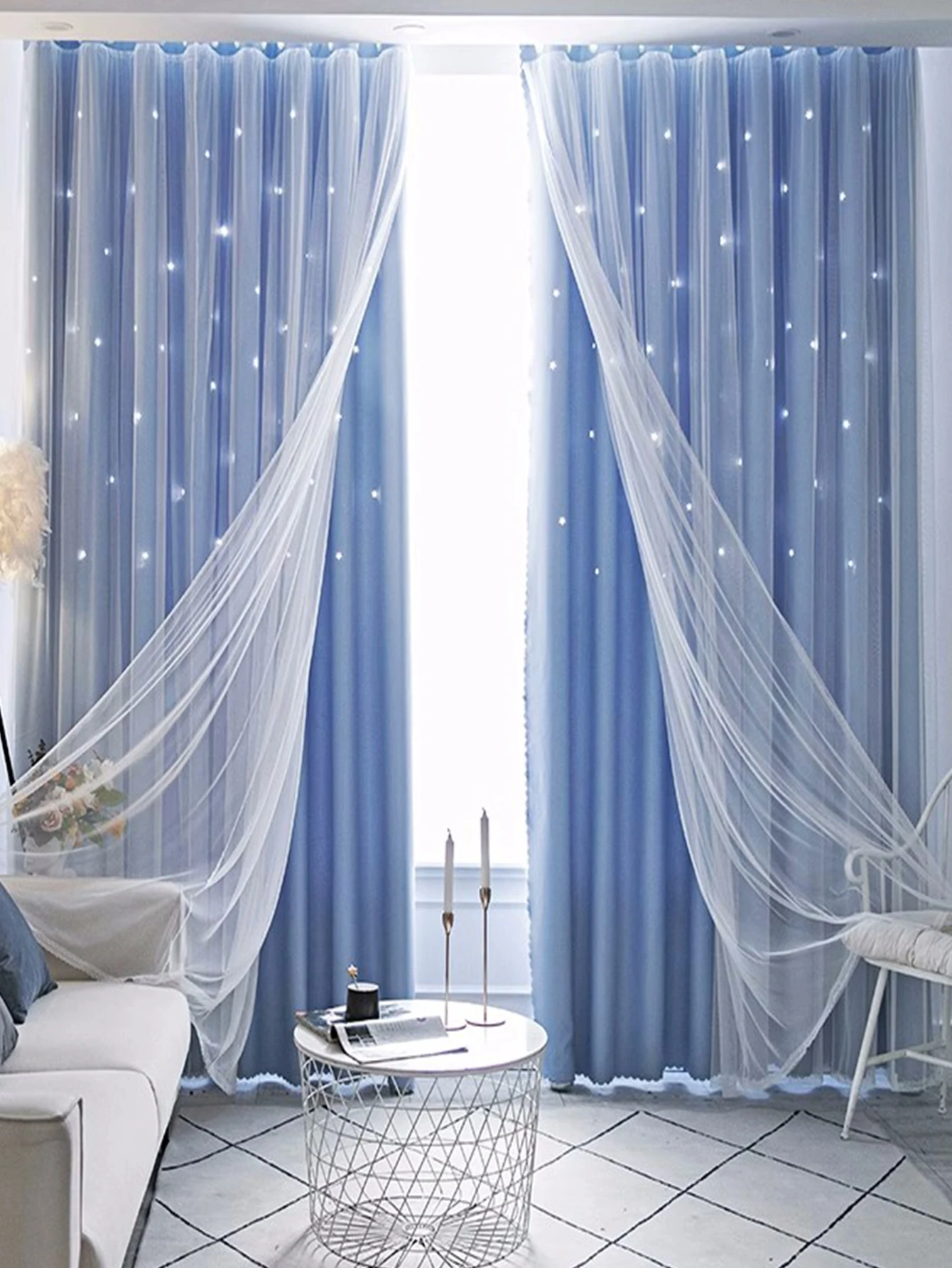 

Curtains, Blackout, Hollow Stars, Double Cloth, Gauze, Lace, Modern Bedroom, Princess Style, Nordic Simplicity
