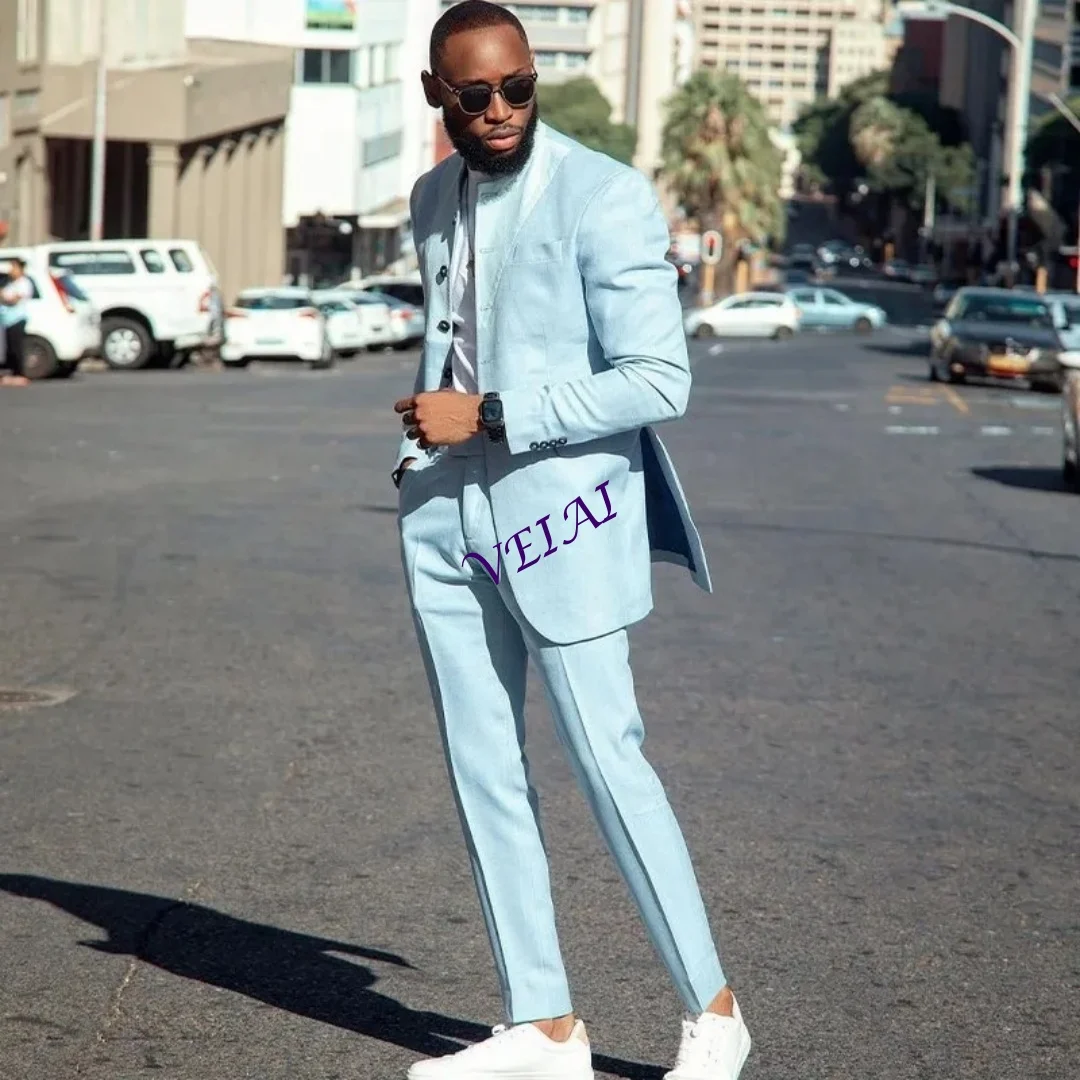 تخصيص السماء الزرقاء الرجال الدعاوى 2 قطعة س الرقبة مزدوجة الظهر تنفيس السترة مجموعات الزفاف حفلة موسيقية ملابس رجالي trajes de hombre سترة + P #1