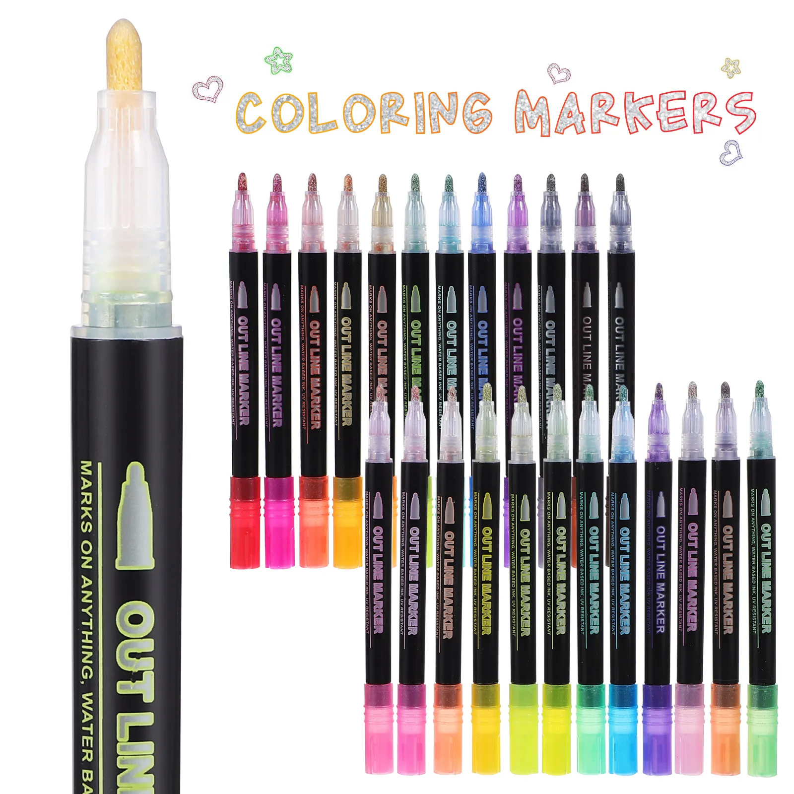 24Pcs Glitter Markers Double Line Shiny Graffiti Outline Pens Metallic Coloring Markers for Crafting Cards Calligraphy