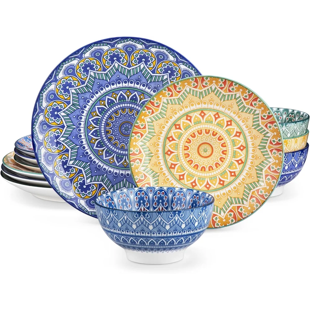 Mandala 12 Pieces Dinnerware Sets, Porcelain Dinner Set for 4, Boho Plates and Bowls Set, Colorful Dish Set