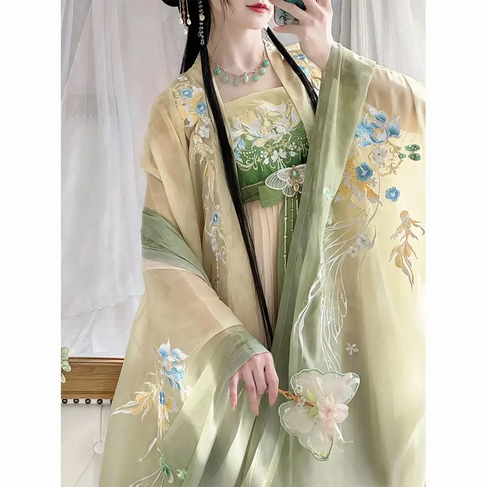 بدلة نسائية على الطراز الصيني التقليدي ، تطريز وردي ، قميص بأكمام كبيرة ، طيات الصيف ، أداء يومي ، جديد ،