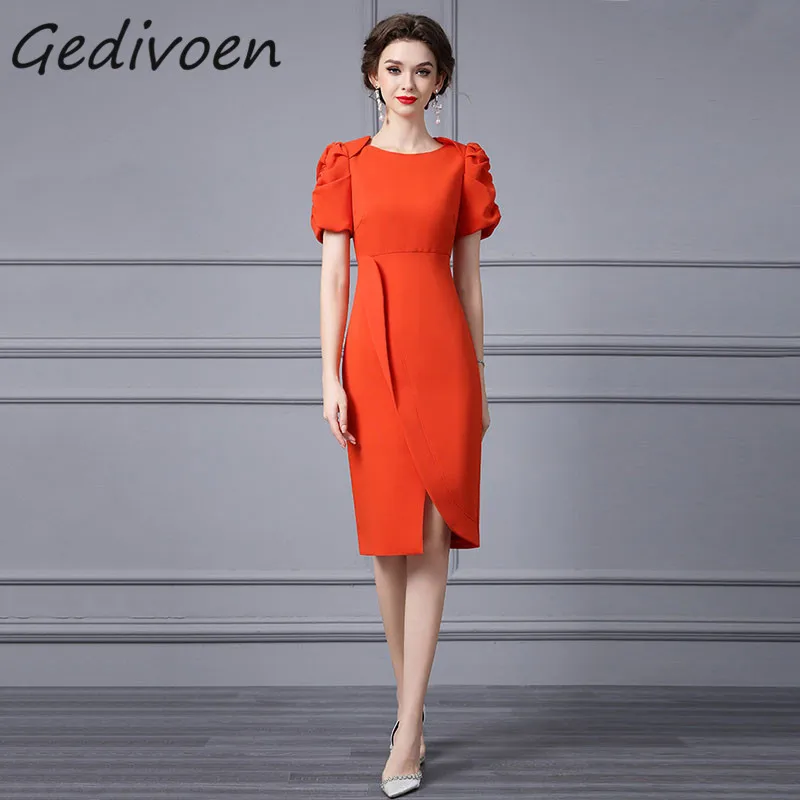 Gedivoen Summer Fashion Runway Vintage Buttock Covering Dress Women's Pile Up Sleeves High Waist Slit Irregularity Midi Dress