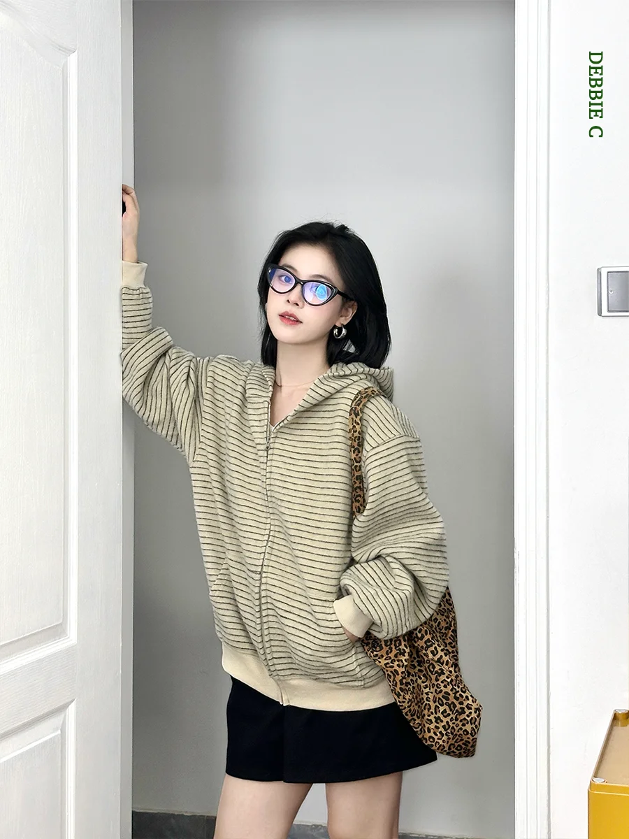 

Худи женское Debbie C Oaeal Color Blo, корейский стиль, повседневное, свободного кроя, из чистого хлопка, в полоску, с длинными рукавами