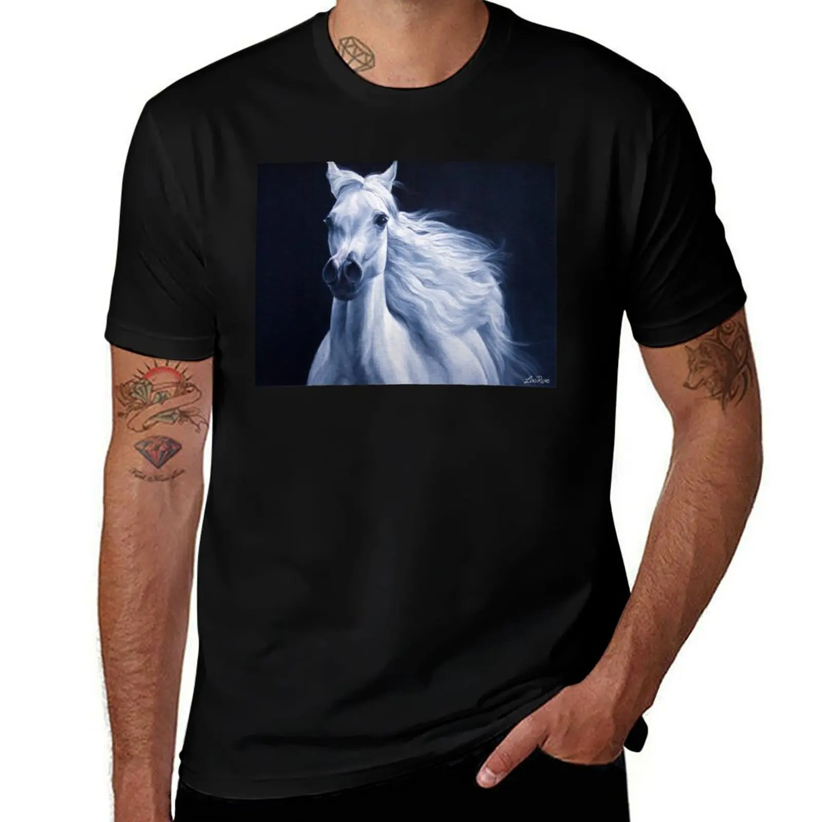 

White Arabian Horse Mare Painting Out from the Night T-Shirt Casual Simple Design Short Sleeve Shirt