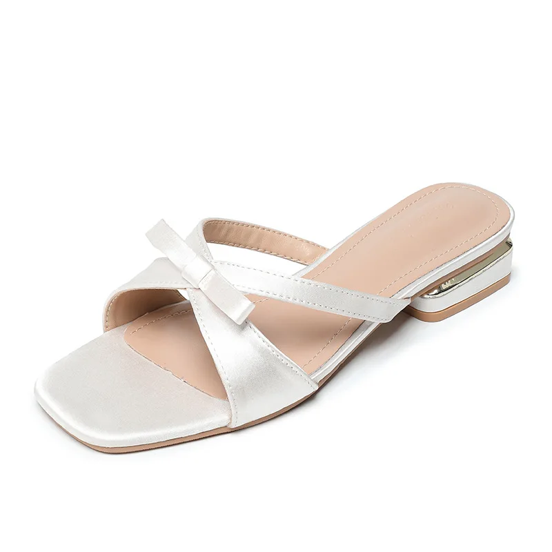 

French Style Square Head Toe-Open Sandals Women Summer Versatile Fairy Wind Hollow out Thick Heel Large Size Slippers