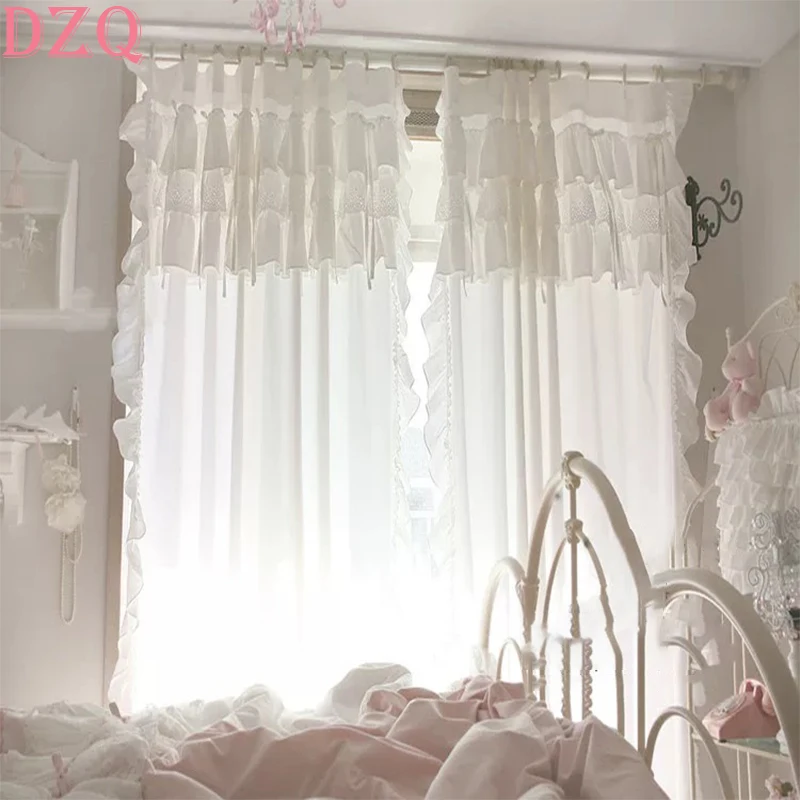 

Korea Elegant Multi-layer Lace Curtains Living Room Princess White Cotton Curtains Cloth for Balcony Wavy Edge Wedding Curtains