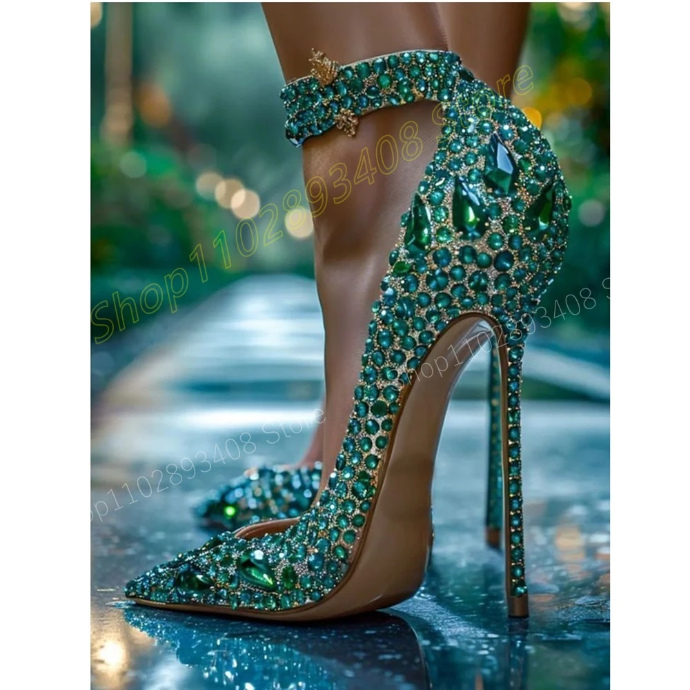 

Green Crystals Pointy Toe Elegant Shallow Pumps Stiletto High Heel New Design Fashion Sexy Women Shoes 2024 Zapatos Para Mujere