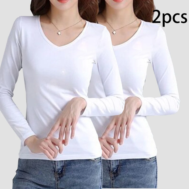 2pcs Women Autumn Thin Long-sleeved T-shirt Lady Thermal Underwear Slim Fit Fashion New Style V-neck Top Black White S-5XL