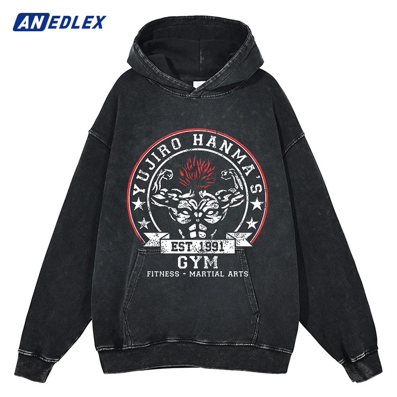 

Harajuku Streetwear Men Washed Black Hoodie Sweatshirt Anime Print Hooded Pullover Hip Hop Autumn Winter Cotton Vintage Hoodie