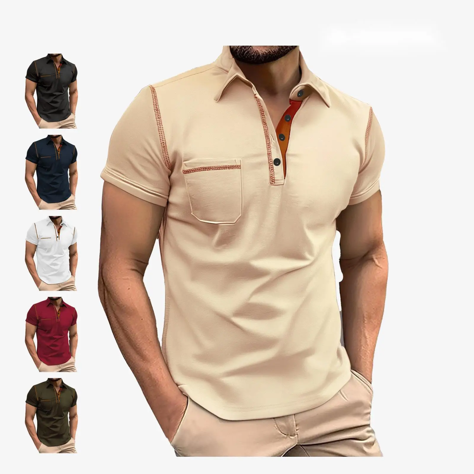 Men's Contrast Stitching Pocket Polo Shirt Short Sleeve Turn‑Down Collar Half Button Casual Business Summer Tops