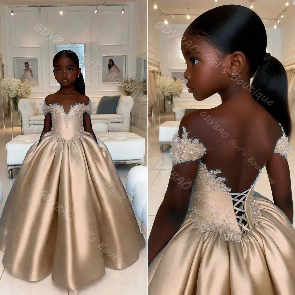 فستان فتاة الزهور الزرقاء لحفلات الزفاف 2-14 أطفال بدون أكتاف مزين بحفلات من الساتان مشد خلفي فستان عيد ميلاد الأميرة مخصص