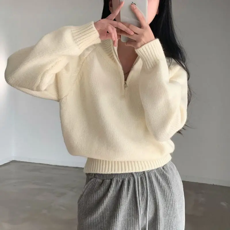 Pull tricoté pour femmes, Design Chic, coupe ample, col montant, doux et confortable, fermeture éclair f, couleur Pure, pour les déplacements, Long, automne hiver