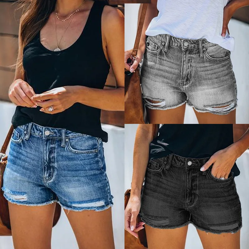 Y2K Ripped Denim Shorts Women European American Summer Fringed Jeans