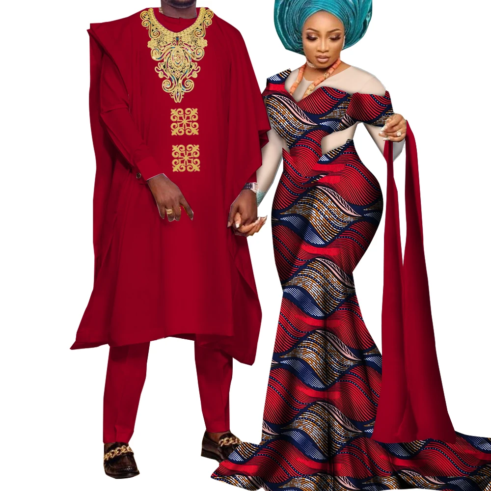 African Couple Clothes Party Dresses for Women Riche Men Print Robe Shirt with Trousers Suits Sets Wedding Clothing Wyq922