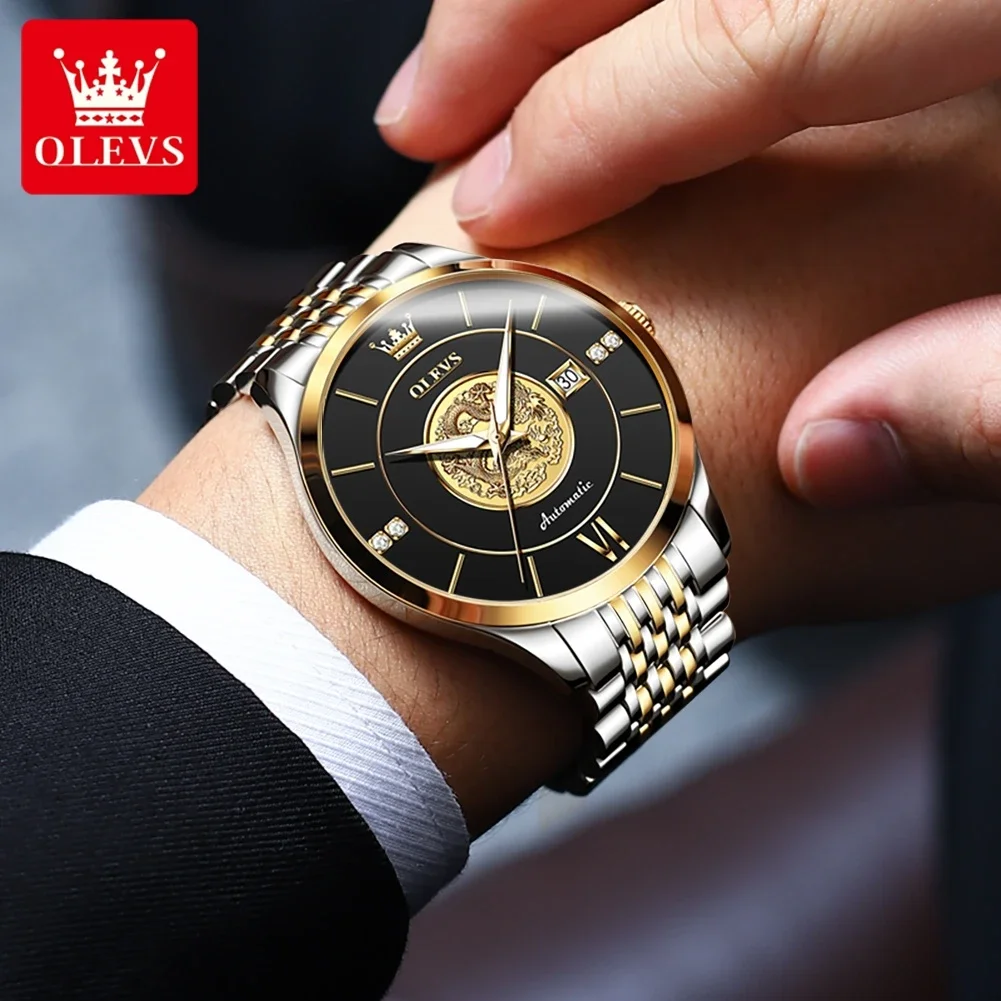 OLEVS 6693 Luxury automatic Mechanical Watch For Men Waterproof Calendar Mens Watches Dragon Dial Wristwatch Luminous watches