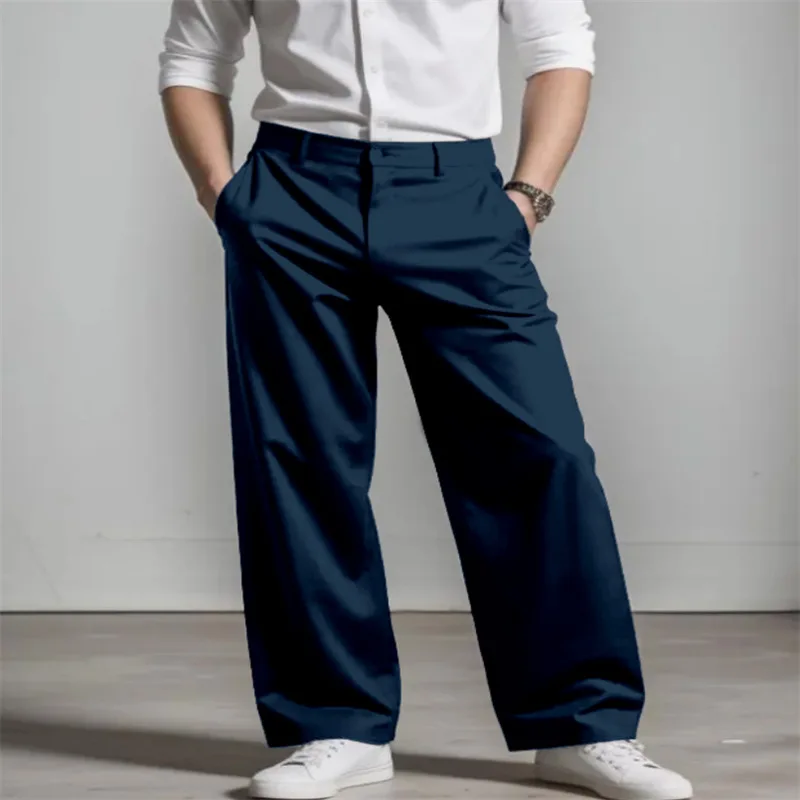 European American New Fashion Solid Color Pleated Straight Simple Basic Casual Suit Pants for Men Male Floor Length Trousers