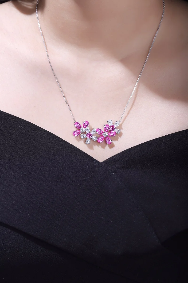 Ruif 925 Silver Lab Grown Pink Spphire Necklace for Women Luxury Exquisite Jewelry Gift Platinum Plated Chain Necklace