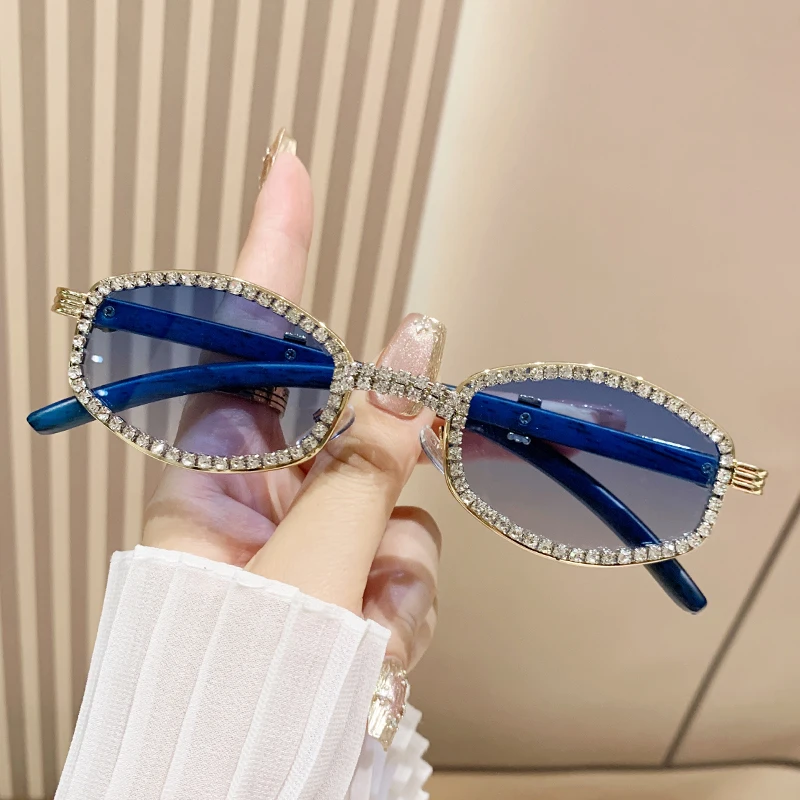 Owalne okulary przeciwsłoneczne w nowym stylu dla kobiet z diamentami, modne okulary przeciwsłoneczne w stylu retro z imitacją drewna, wysokiej klasy okulary przeciwsłoneczne — zdjęcie 5