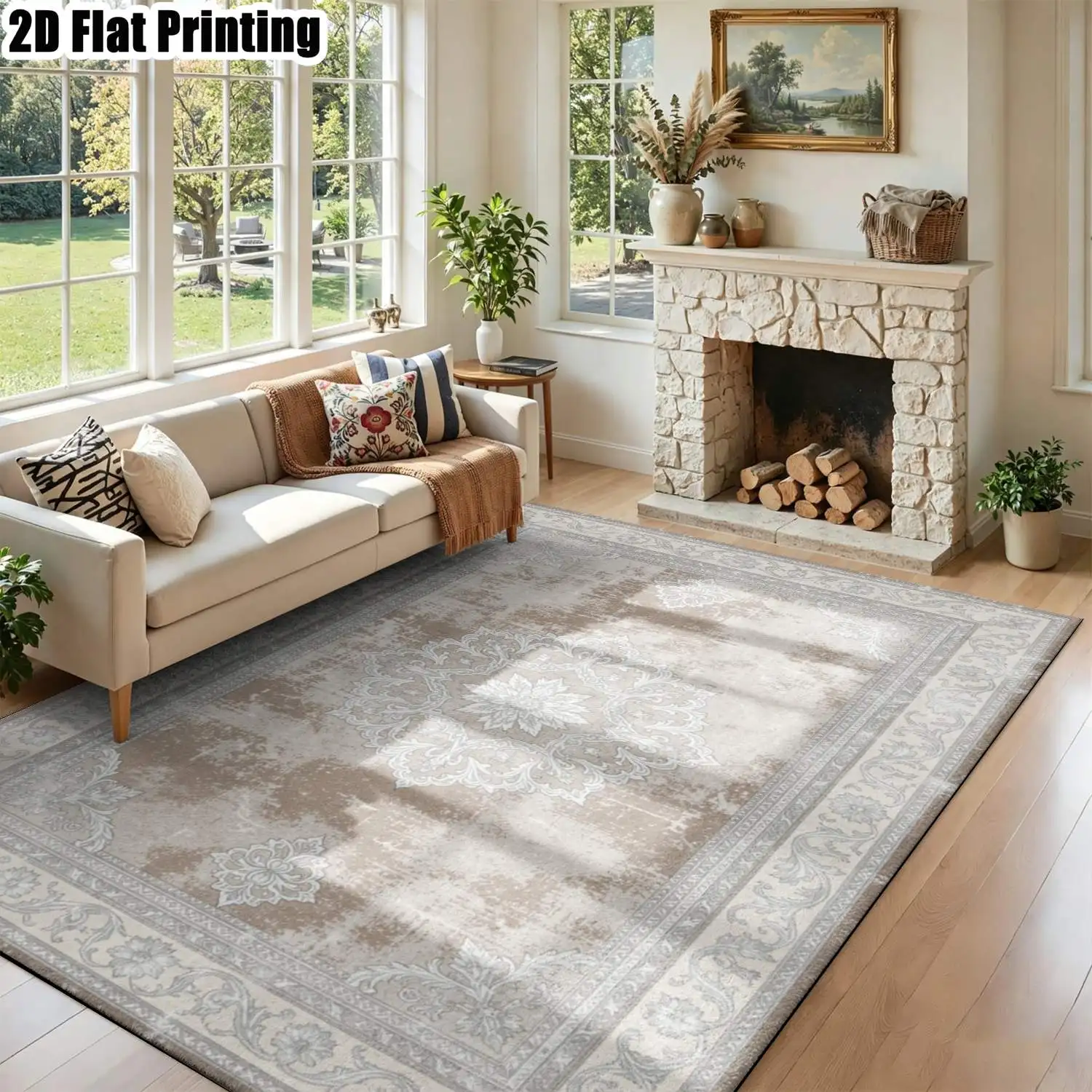 1Pc 2D Printed Beige Brown Retro Floral Carpet: European-Style, Retro/Geometric/Bohemian Design, Multi-Size, Machine Washable, Ideal for Home Decor Spaces Like Living Room, Bedroom, Dining Room, Entryway, Study