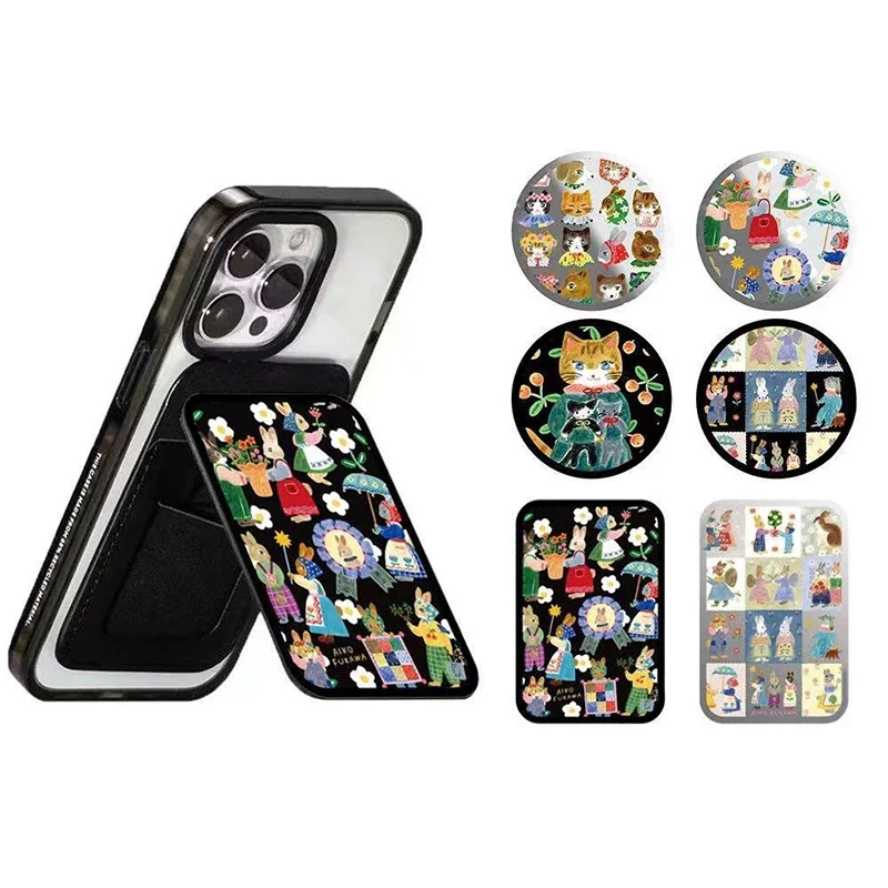 

Cartoon Animals Cat Magnetic Folding Black Phone Stand for IPhone 12 13 14 15 16 Pro Max Holder Mount Support for S24 Ultra