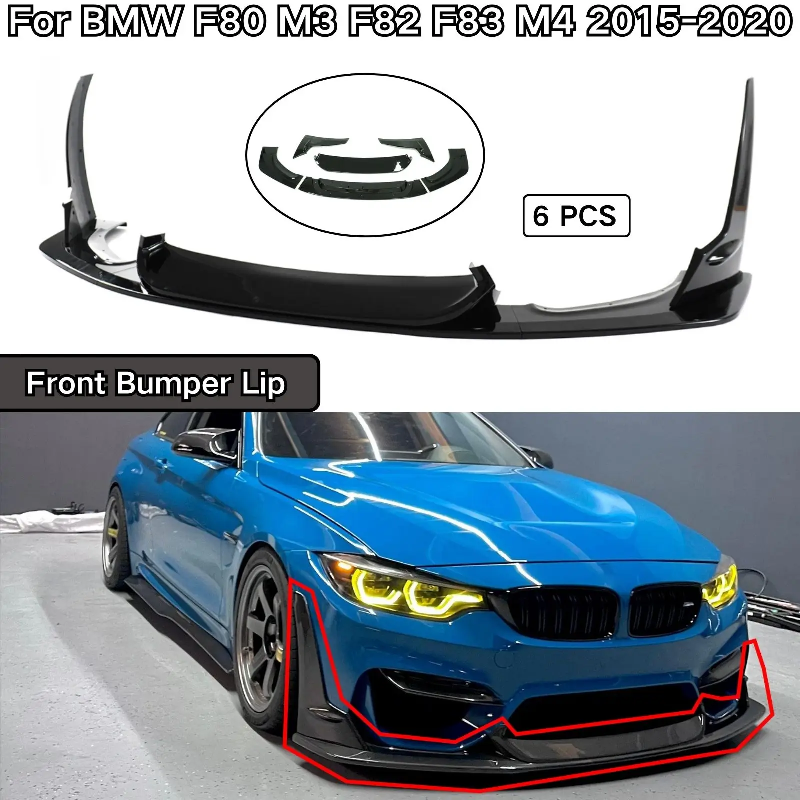 BMW F80 M3 F82 F83 M4 2015 2016-2020 프론트 범퍼 립 6PCS 스포일러 스플리터 자동차 액세서리 바디 키트 카본 파이버 프린트