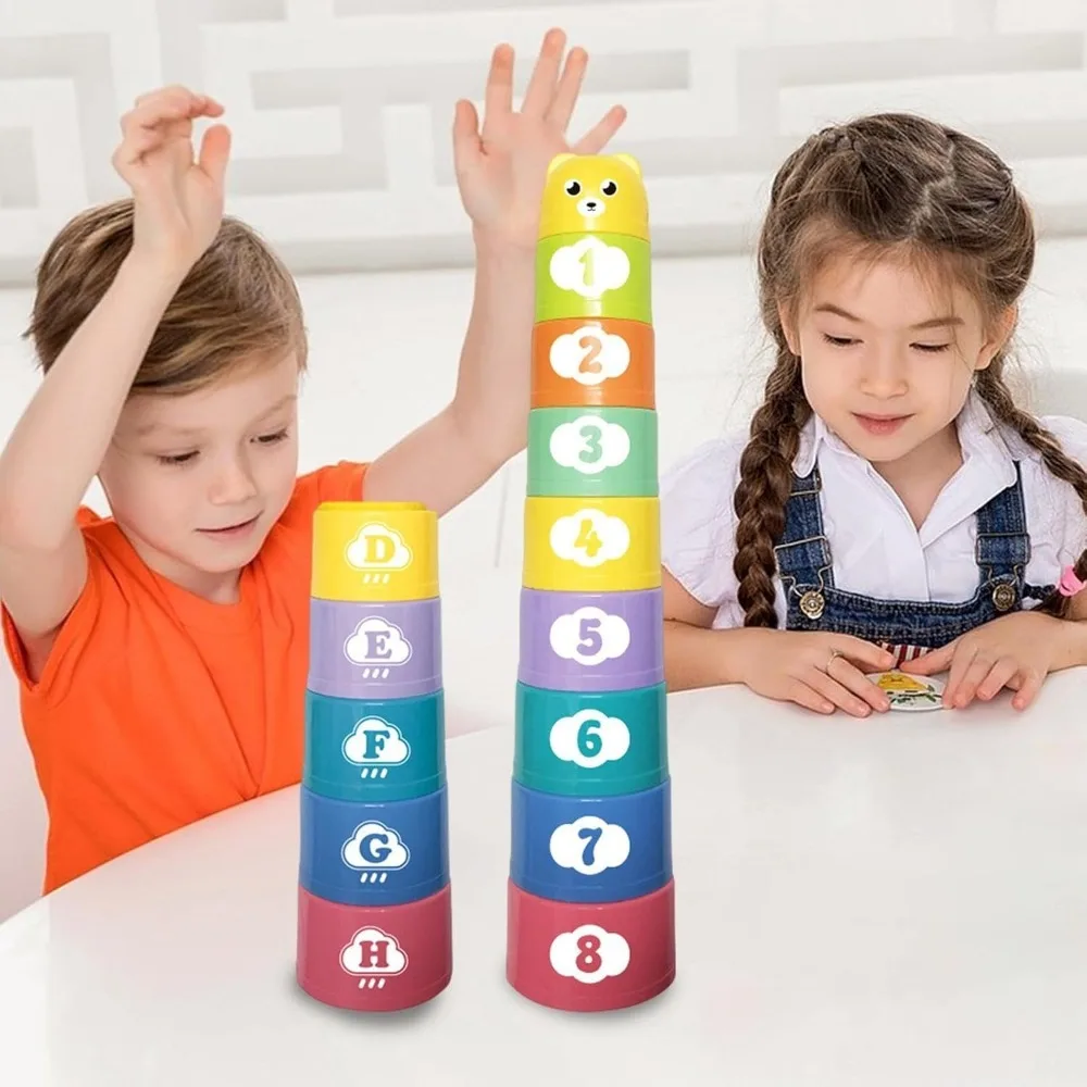 ชุดแก้วซ้อน 9 ชิ้น ของเล่นเสริมพัฒนาการเด็กเล็ก ต่อกันเป็นหอคอยสีรุ้ง พร้อมตัวเลข ตัวอักษร และรูปทรง แก้วพับได้ เกมซ้อนสำหรับเด็ก