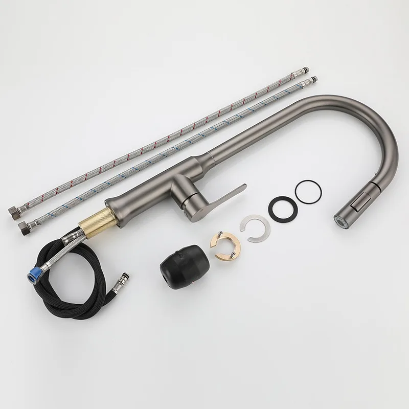 Gunmetal Gray 304 Stainless Steel Multifunctional Pull-out Extendable Wash Basin Splash-proof Cold and Hot Kitchen Faucet