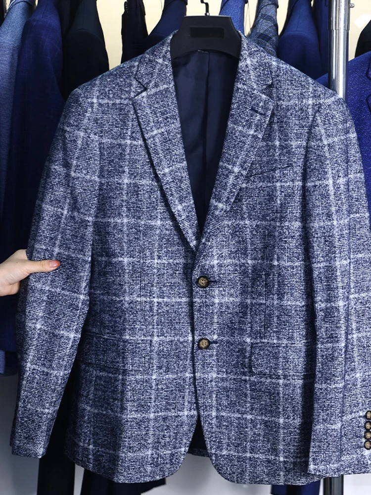 

Homesi! Luxury Men's Plaid Suit Jaet Casual Busin Sle Cotton Wool Blend Long Sve Button Decorated Urban Faion
