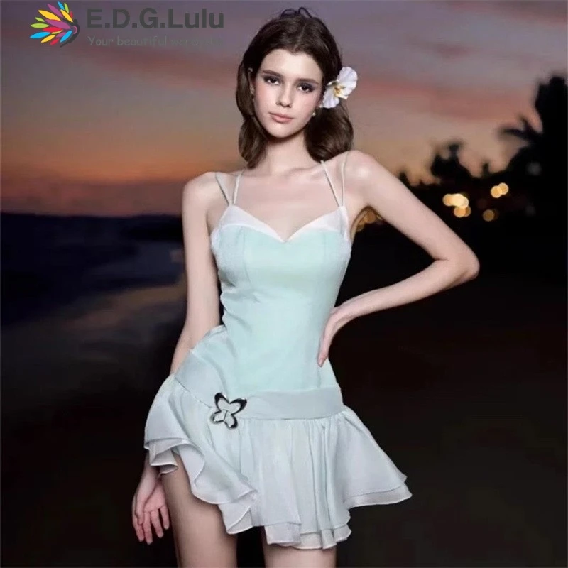 

EDGLuLu Sexy Outfits Women Sleeveless Backless Light Green Camisole Dress Sweet Leisure Seaside Holiday Mini Party Dresses 0609
