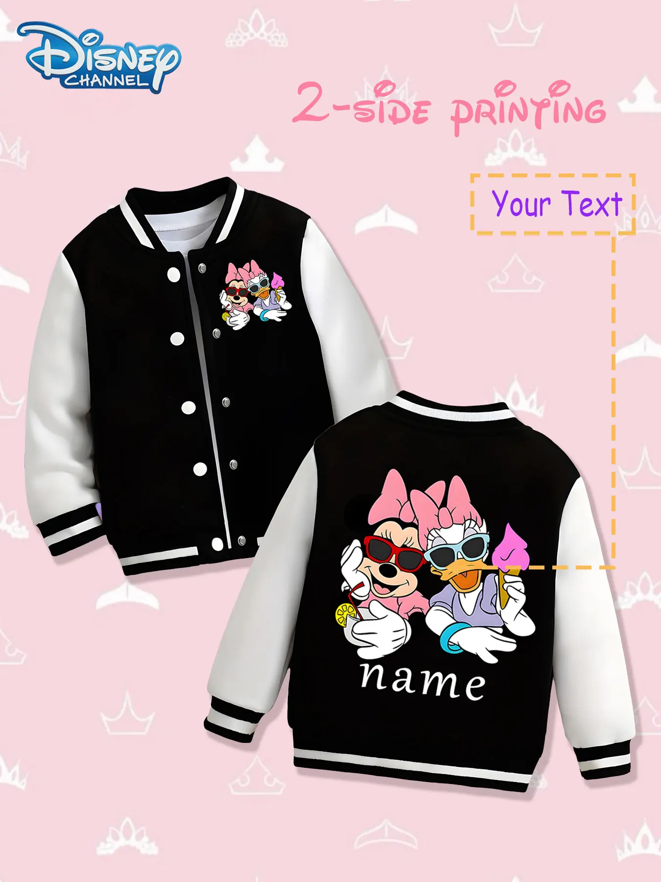 

MINISO Disney Minnie and Daisy girls' baseball jacket - double-sided fashionable print, warm and trendy in autumn and winter, su