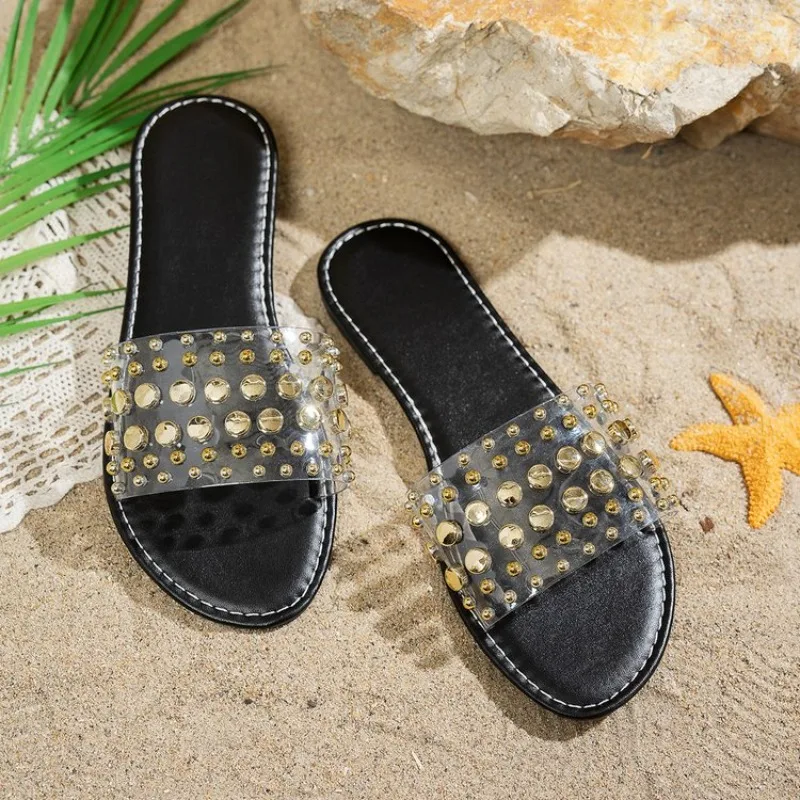 Studded Rhinestone Slip Flats Women's Fashion New Versatile Round Toe Open Toe Sheer Strap Soft Slip Non-Slip Slippers