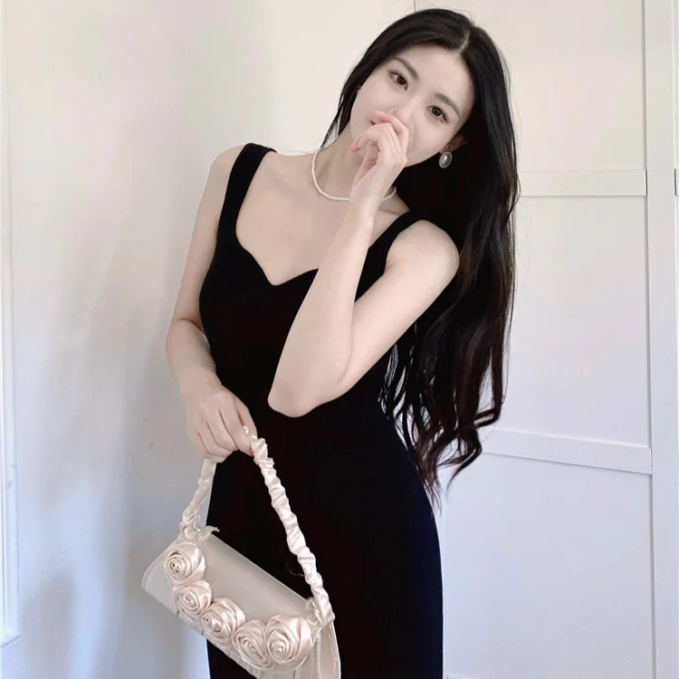 

7348 Spring Summer New Hong Kong Style Petal Water Drop Neck Backless Slit Camisole Inner Vest Dress