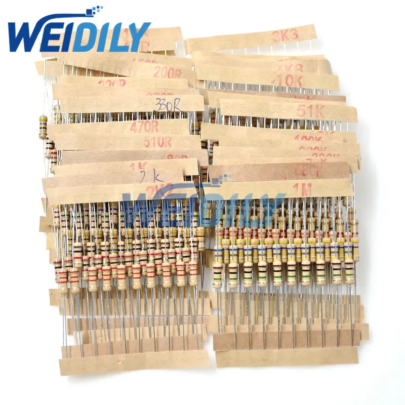 300 peças kit de resistor 0.5w 1/2w 10r - 1m ohm 5% 30 valores * 10 peças resistência de filme de carbono conjunto de resistor de anel de quatro