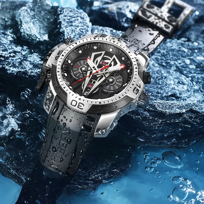 Reef Tiger/RT Famous Male Designer Sport Watch Calendar Week Automatic Mechanical Watch 100M Waterproof Rubber Strap Men Watch