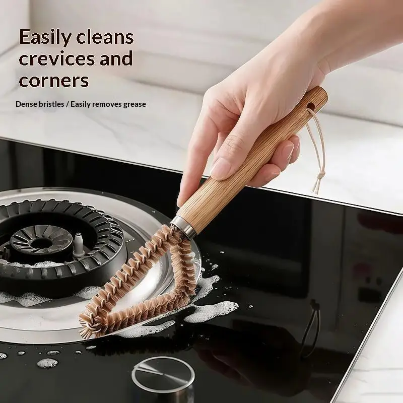 Triangular Gas Stove Cleaning Brush Wooden Handle Stiff Bristles For Kitchen Crevice Grease Removal