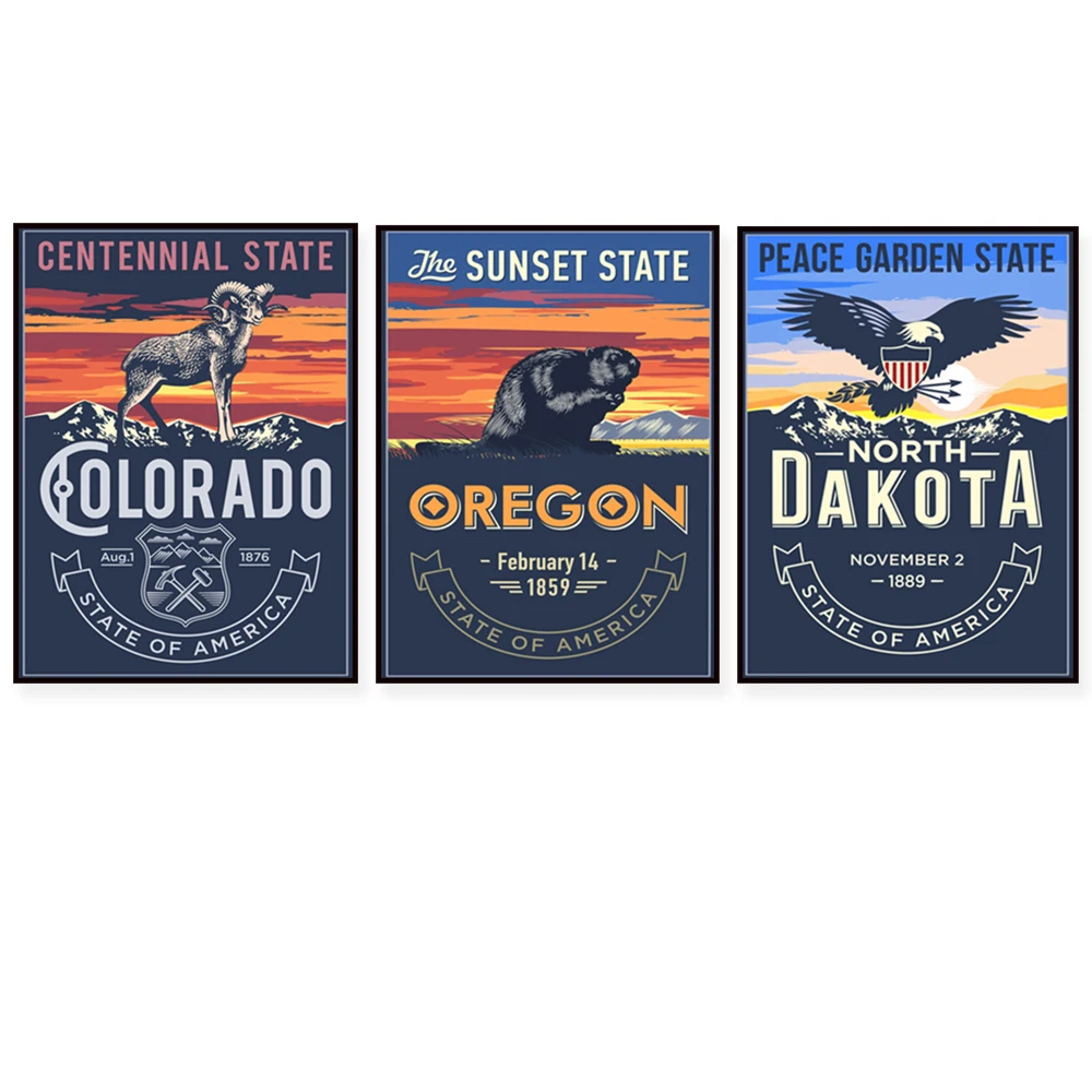 USA Alaska, Arizona, Arkansas, Massachusetts, Colorado, Minnesota, Utah, Rhode Island, Nebraska, Nevada travel states poster art