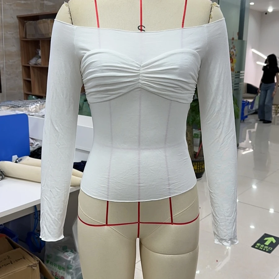 New Women's Soild Color Ruched Chest T-Shirt Slim Fit Off Shoulder Strapless Long Sleeve Patchwork Party Tops
