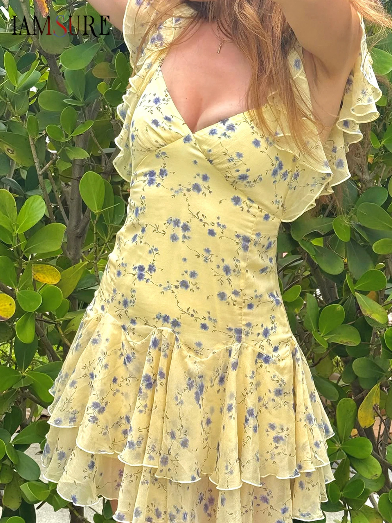 

IAMSURE Sweet Floral Ruffles A-Line Dress Prairie Chic Slim Deep V-Neck Sleeveless Mini Dresses For Women 2025 Summer Fashion
