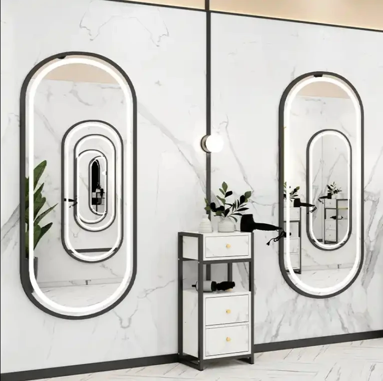 Mesa profissional beleza salão de beleza móveis espelhos dourados barbeiro para salão de beleza