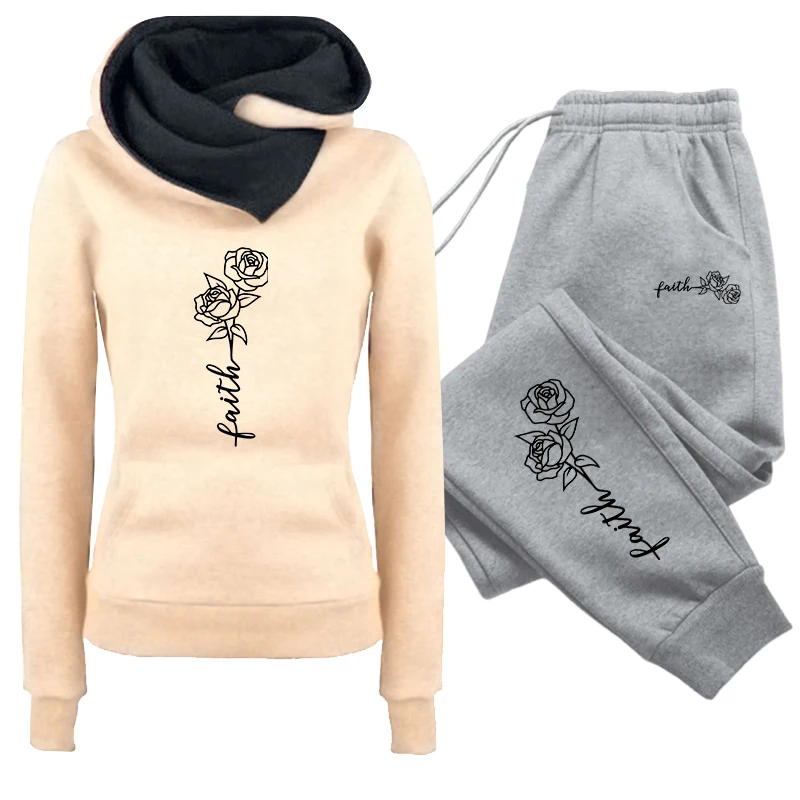 2026 Faith Print Trainingsanzug Kapuzenpullover Jogginghose Herbst Winter Damen Alltags-Freizeit-Sportoutfit Damen-Set/Hoodie/Hose – Detail 5