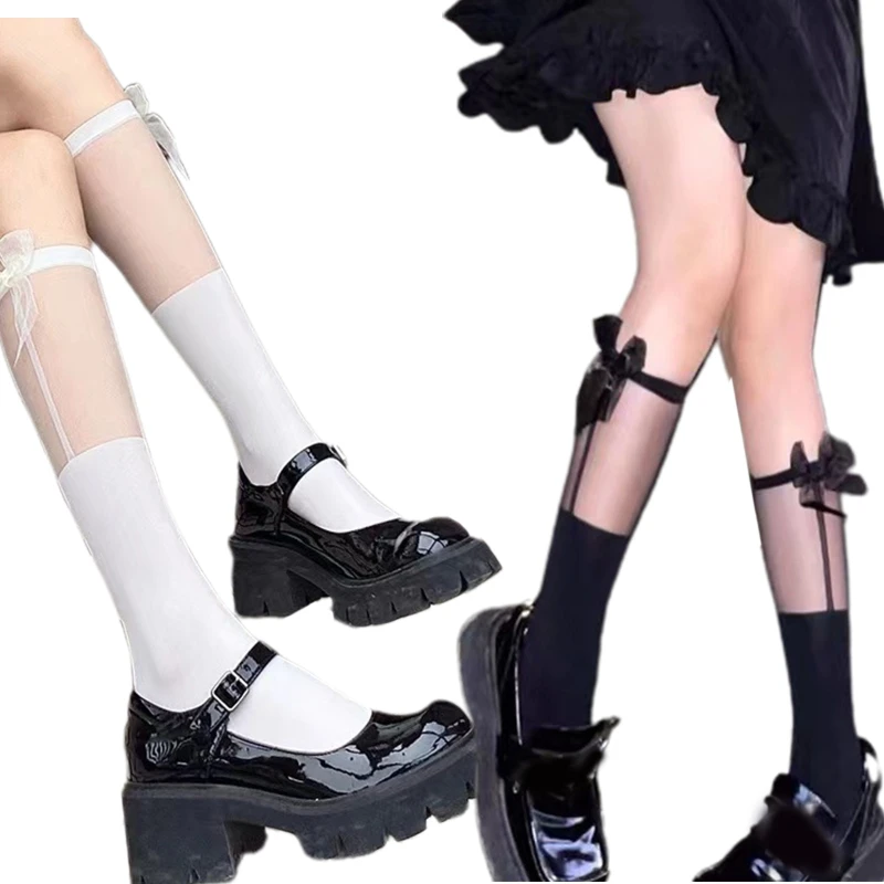 Women Dark Gothic Calf Socks Harajuku Japanese Sweet Ribbon Bowknot Retro Mesh Splicing Side Striped Student