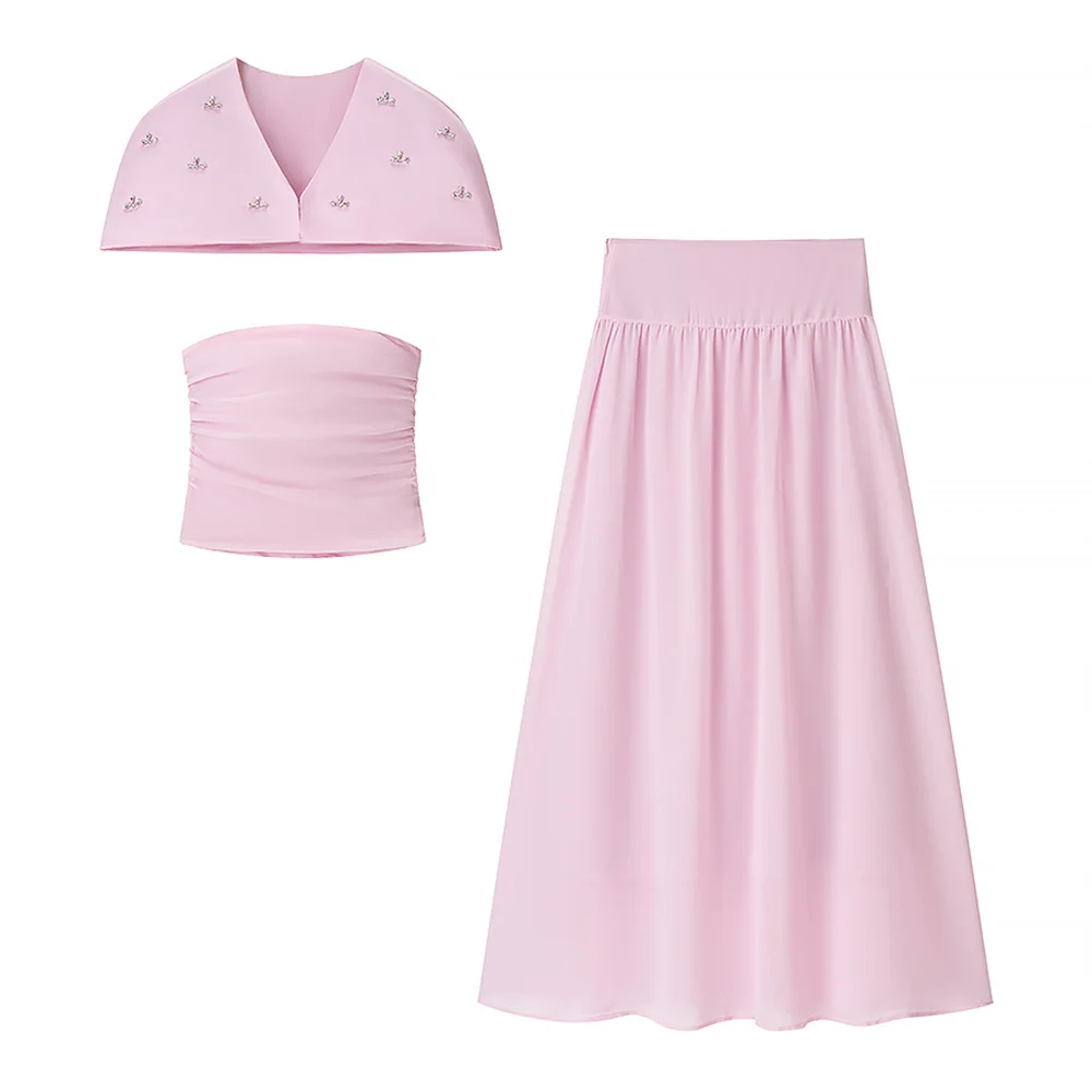 

Summer new sexy strapless top shawl women's sweet and spicy slimming half skirt three piece set